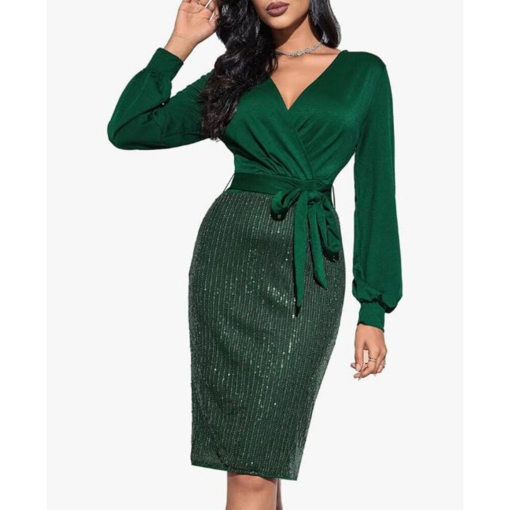 NEW Grace Karin Green Sequin Dress XL Long Sleeve Faux Wrap Belt Missing NWT